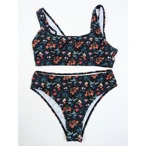 NWOT Shein Women's M Black Floral 2 Pcs Bikini Swimsuit Swimwear Beach Bathing